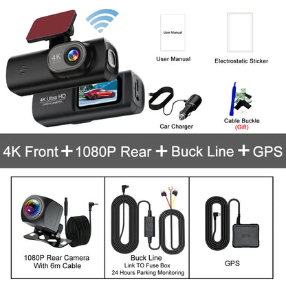 Dash Cam 4K Wifi with Night Vision 1/2 Channel Loop Recording 1.47 IPS Screen Vehicle DVR Video Recorder Support GPS 24H Parking