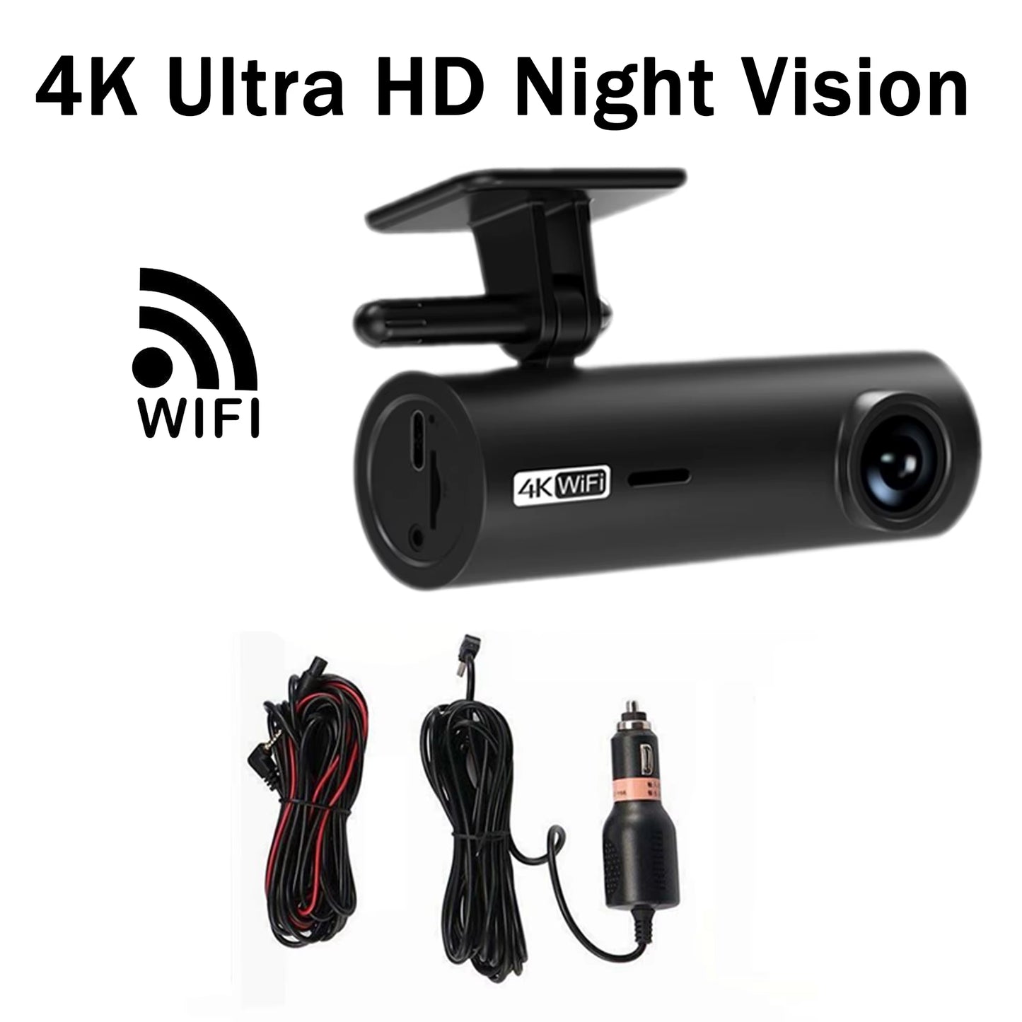 4K Ultra HD Dash Cam with Wifi & App Control, Easy Stick-On Installation, Night Vision, Gravity Sensor, Parking Guide Lines