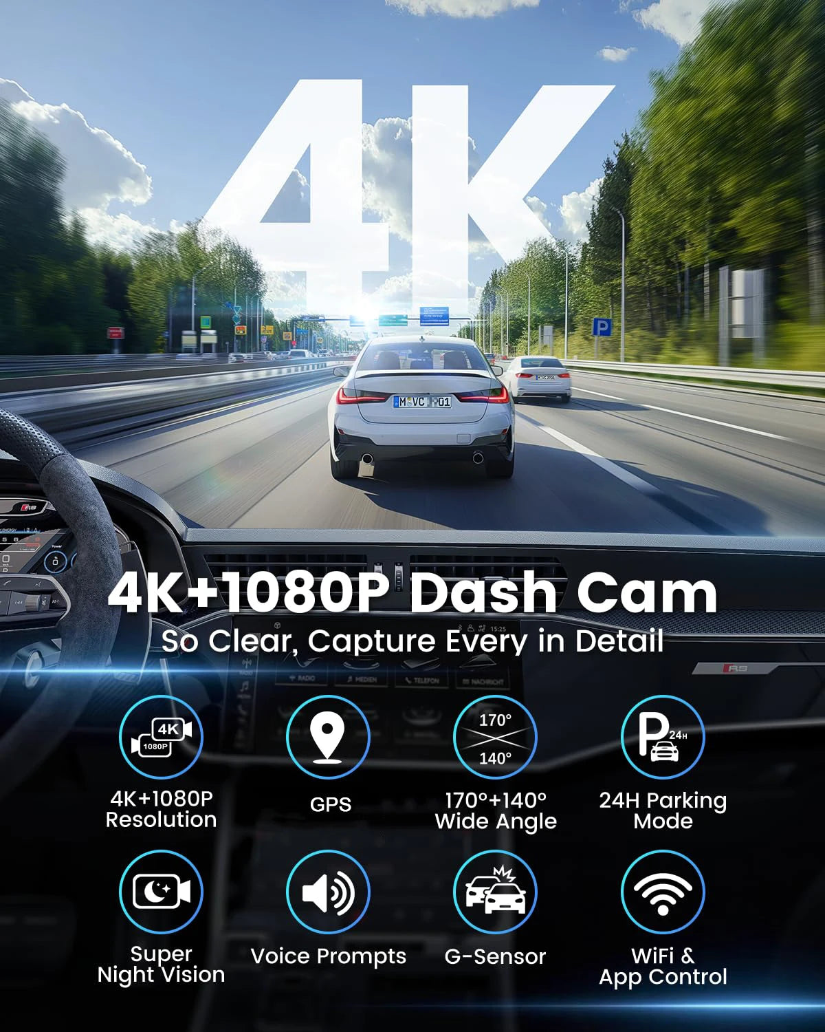 4K Dash Cam WIFI GPS Mini CAR DVR Front and Rear Dual Lens Video Recorder Black Box Night Vision 24H Parking Monitor