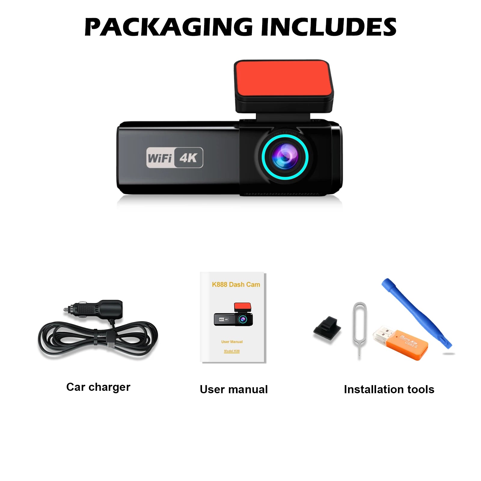 4K WIFI Dash Cam 2160P Car DVR Front and Rear Dual Lens Auto Car Camera with Night Vision G-Sensor 24H Parking Monitor