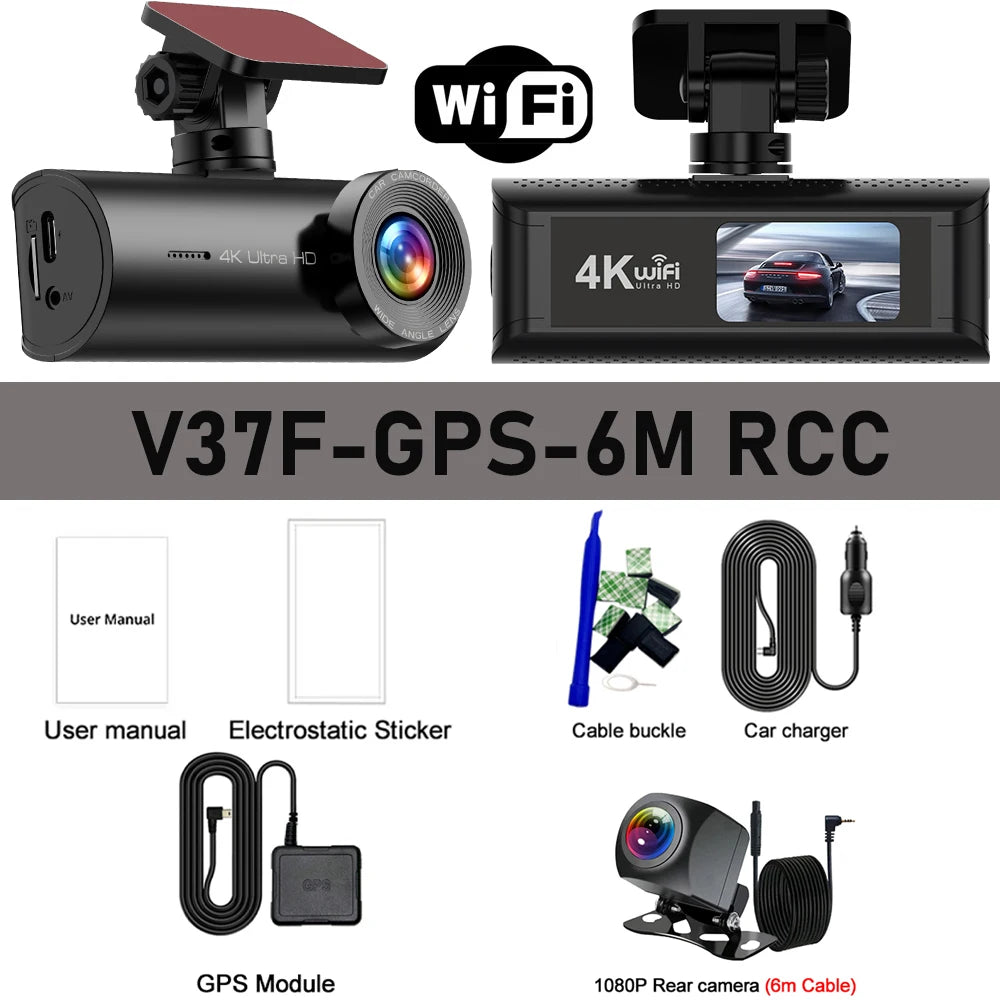 4K+1080P Dash Cam with Wifi, 170° Wide Angle, Night Vision, Loop Recording, Parking Monitor, Vehicle Camera with App Control