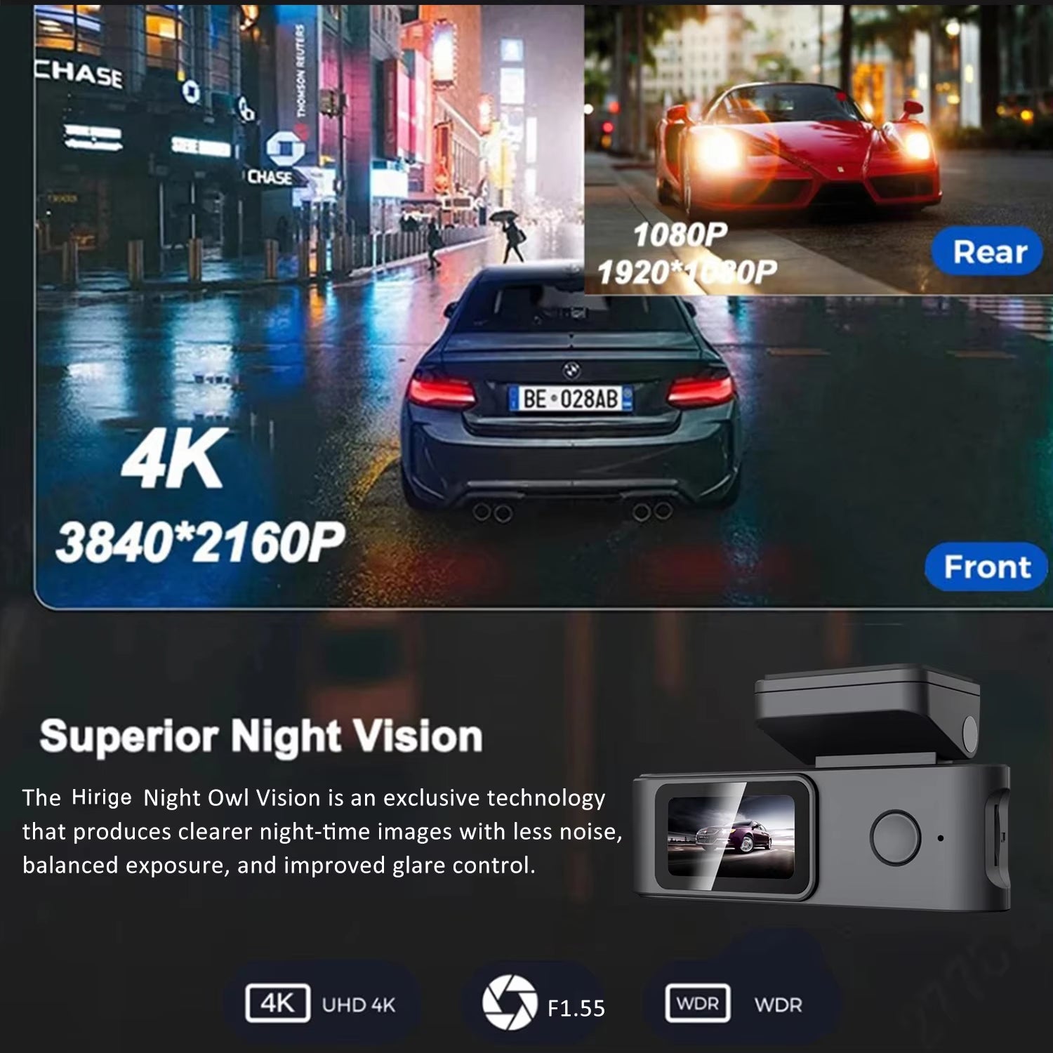 Dash Cam  H5Pro Dual Front and Rear 4K+1080P Ultra HD Resolution Dash Camera Night Vision G-Sensor Loop Recording Camera