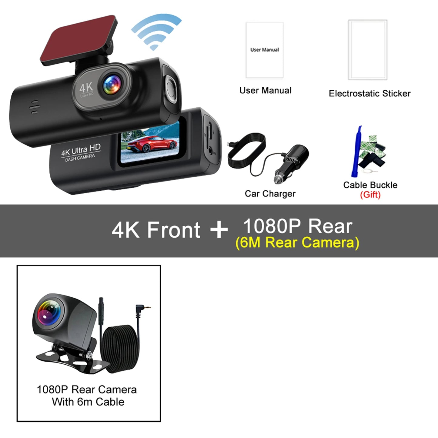 Dash Cam 4K Wifi with Night Vision 1/2 Channel Loop Recording 1.47 IPS Screen Vehicle DVR Video Recorder Support GPS 24H Parking
