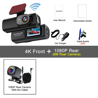 Dash Cam 4K Wifi with Night Vision 1/2 Channel Loop Recording 1.47 IPS Screen Vehicle DVR Video Recorder Support GPS 24H Parking