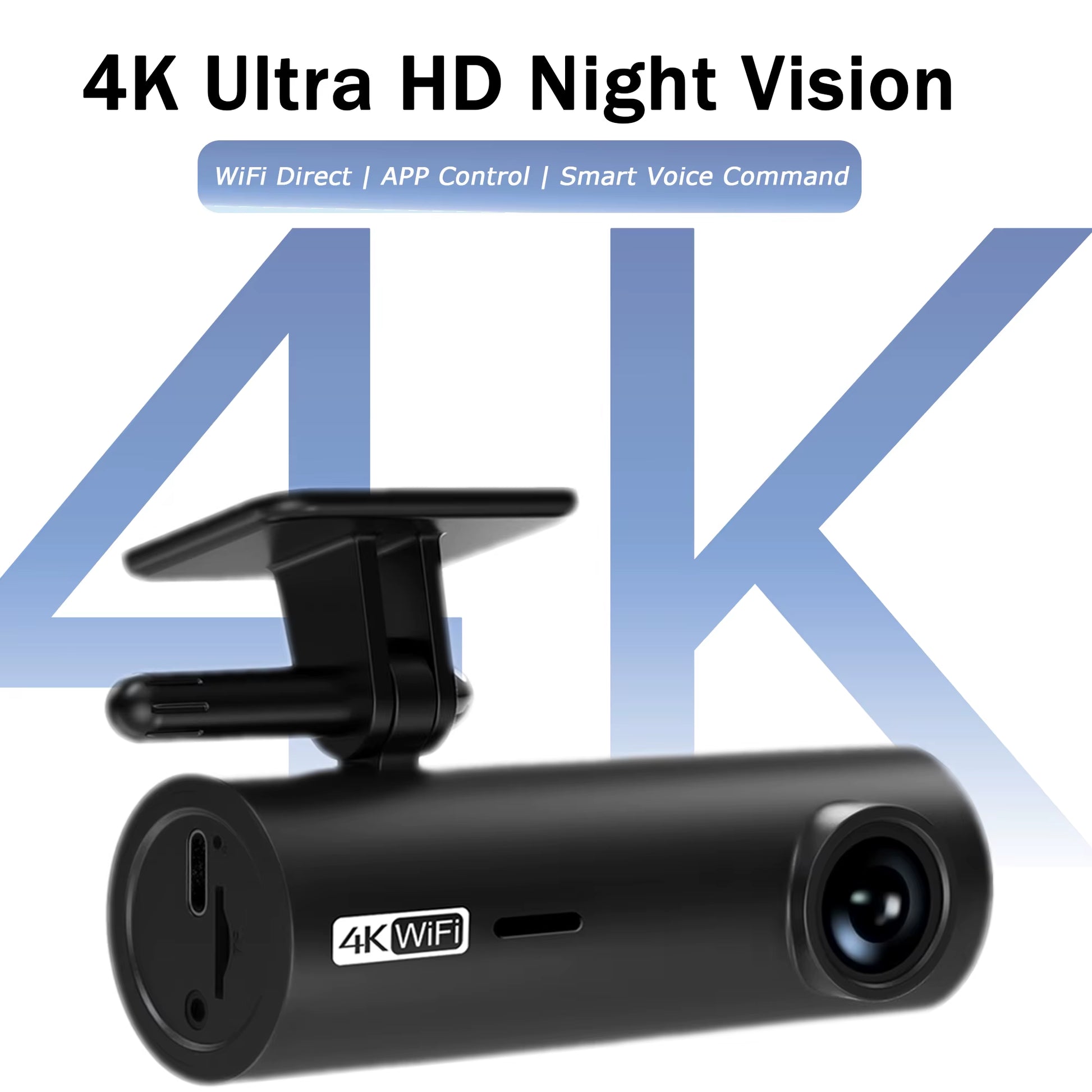 4K Ultra HD Dash Cam with Wifi & App Control, Easy Stick-On Installation, Night Vision, Gravity Sensor, Parking Guide Lines