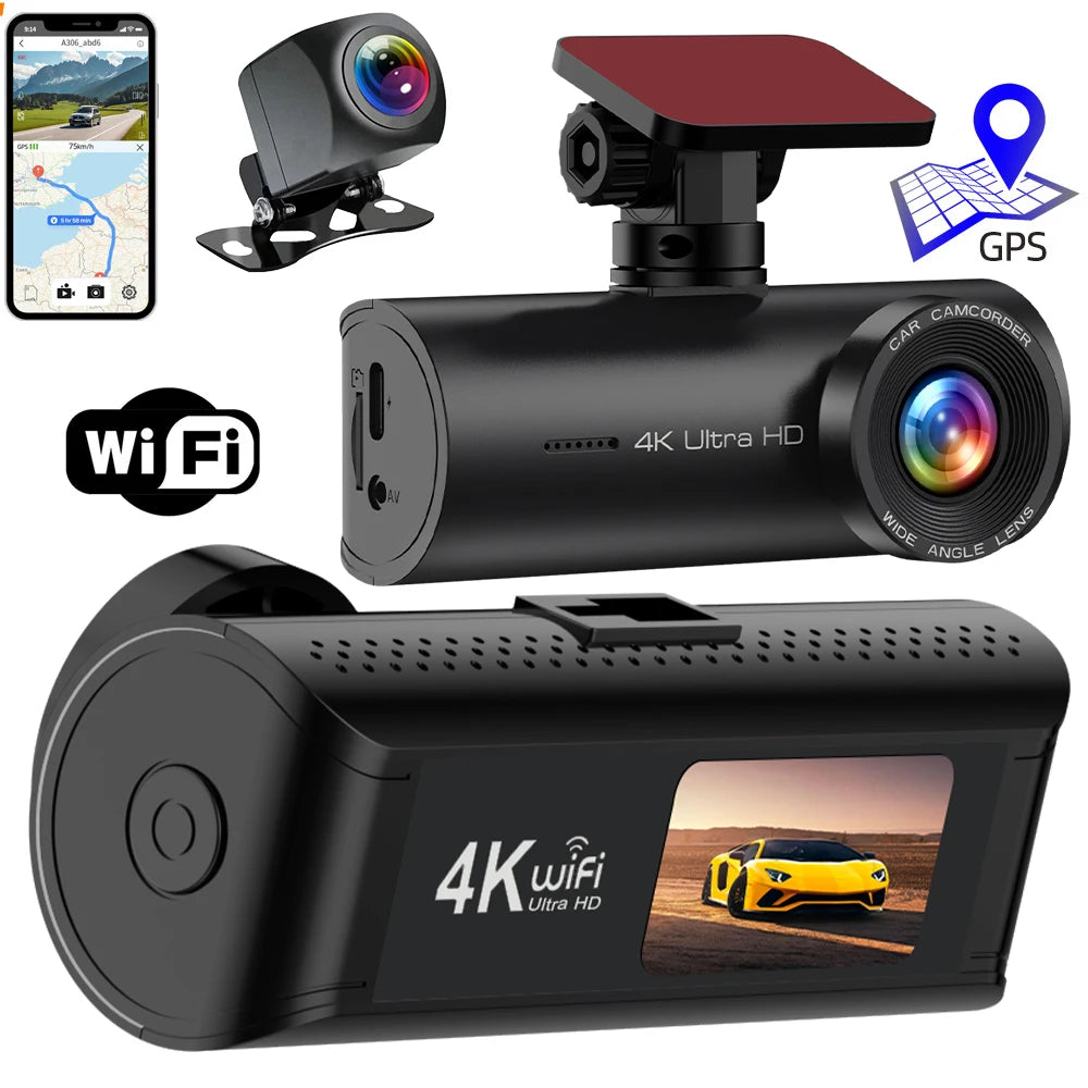 4K+1080P Dash Cam with Wifi, 170° Wide Angle, Night Vision, Loop Recording, Parking Monitor, Vehicle Camera with App Control