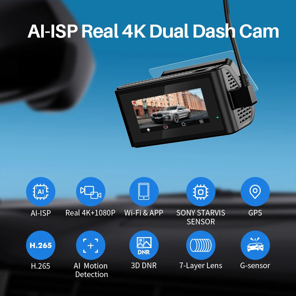 D11 Front and Rear Dash Cam 4K Wifi Car DVR GPS Video Recorder AI-ISP Color Night Vision, Sony Starvis AUTO Dual Dashcam