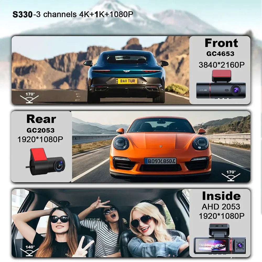 3 Channel Car DVR 4K 3-Lens Front inside Rear GPS Wifi Dash Cam DVR Recorder Video Registrator Car Camera 24H Parking Monitor