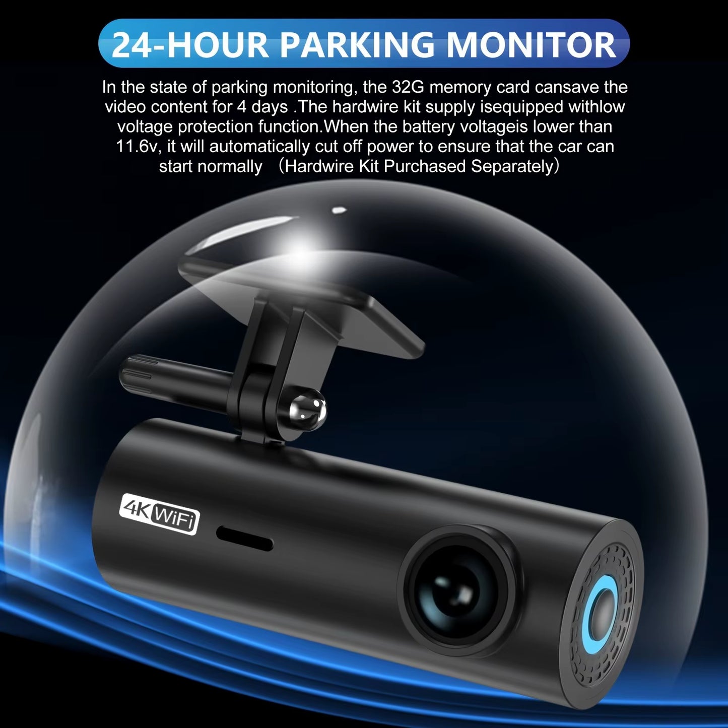 4K Ultra HD Dash Cam with Wifi & App Control, Easy Stick-On Installation, Night Vision, Gravity Sensor, Parking Guide Lines