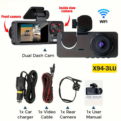 Triple Lens Wifi Dashcam 2/3 Channel Car Camera 1080P HD Video Recorder, Night Vision Car DVR with Wide Angle for Front and Rea