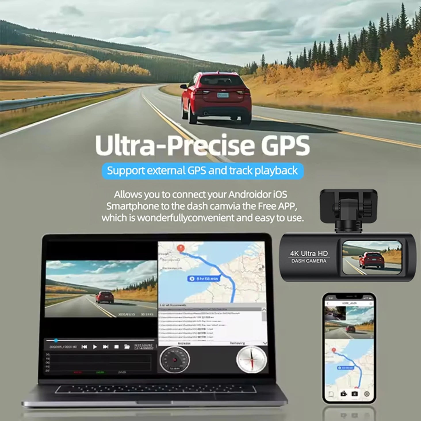 Dash Cam 4K Wifi with Night Vision 1/2 Channel Loop Recording 1.47 IPS Screen Vehicle DVR Video Recorder Support GPS 24H Parking