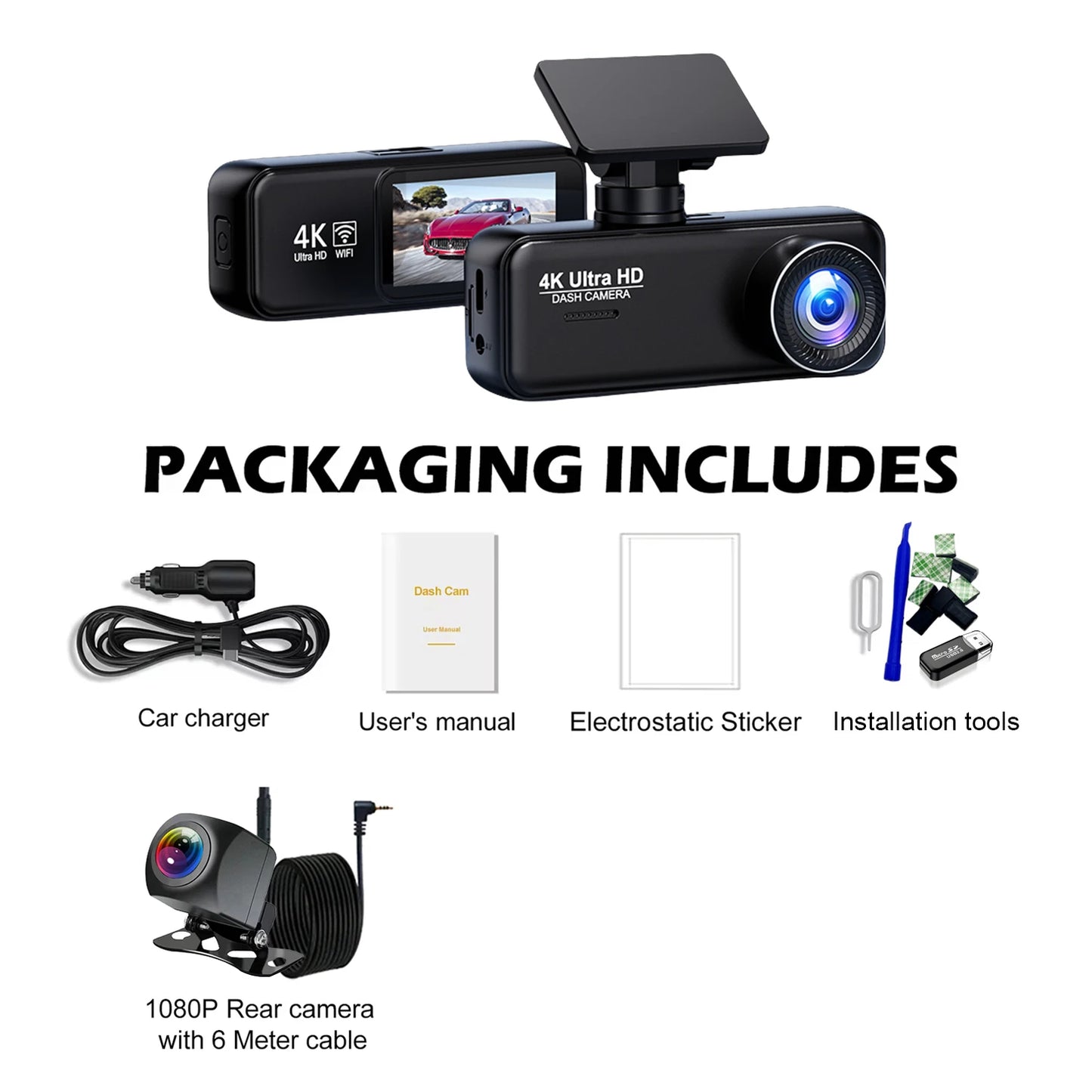 4K Dash Cam WIFI GPS Mini CAR DVR Front and Rear Dual Lens Video Recorder Black Box Night Vision 24H Parking Monitor