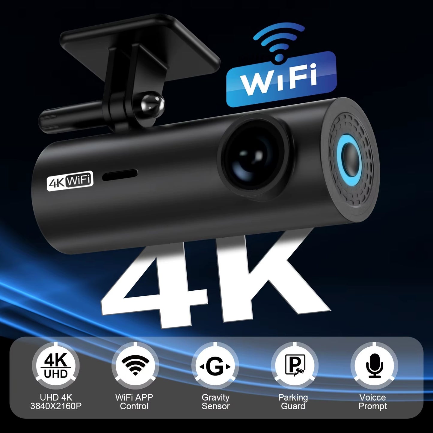 4K Ultra HD Dash Cam with Wifi & App Control, Easy Stick-On Installation, Night Vision, Gravity Sensor, Parking Guide Lines