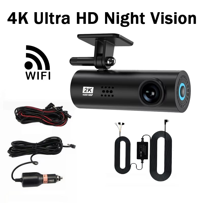 4K Ultra HD Dash Cam with Wifi & App Control, Easy Stick-On Installation, Night Vision, Gravity Sensor, Parking Guide Lines