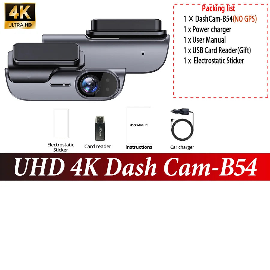 4K Car Dash Camera UHD Recording Car DVR Night Vision Video Recorder Dashcam with GPS Wi-Fi Support 24H Parking Monitoring