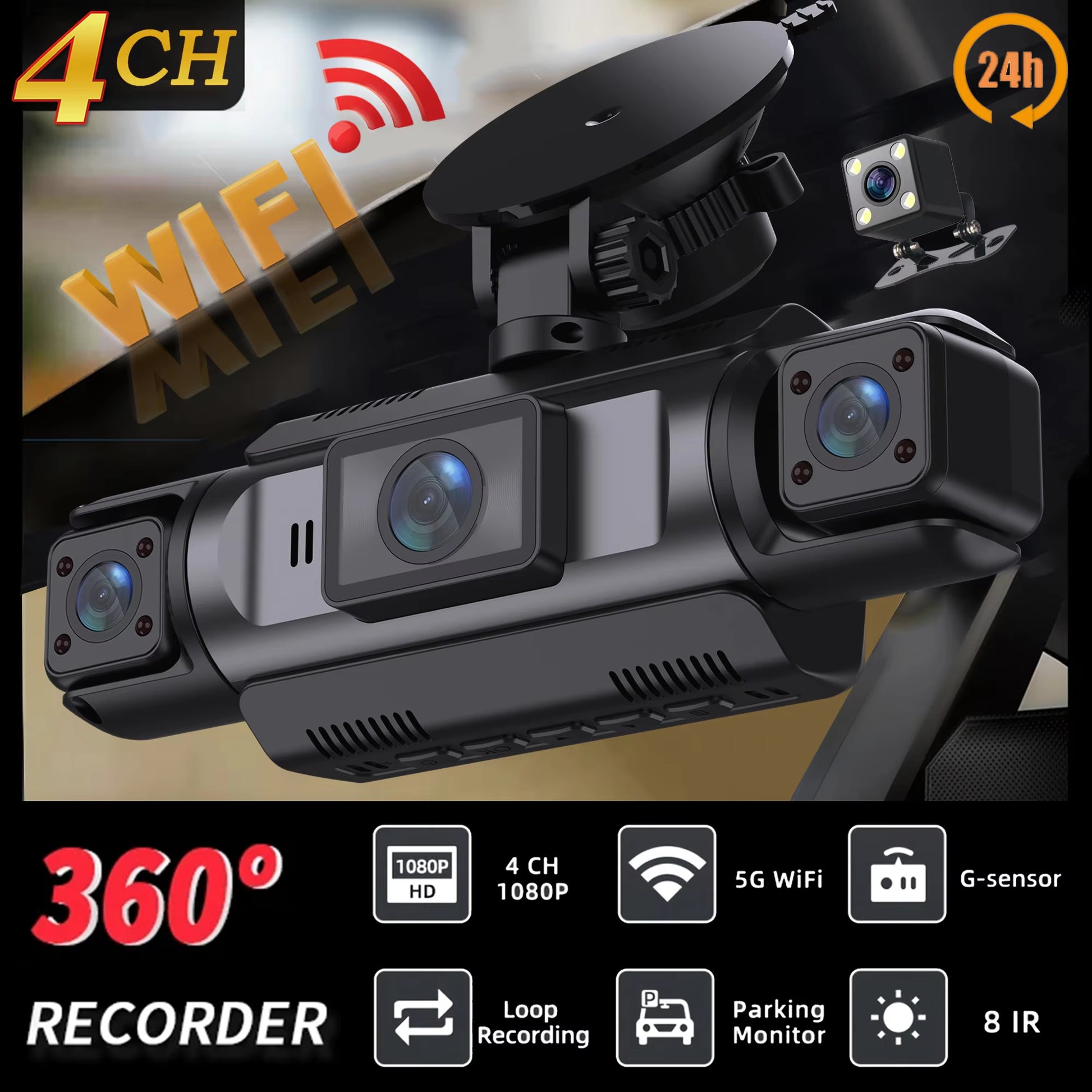 4Ch Wifi Dashcam Car Camera Black Box Driving DVR FHD 1080P Front Left Right Rear Night Vision Loop Recording Hardwire Kit