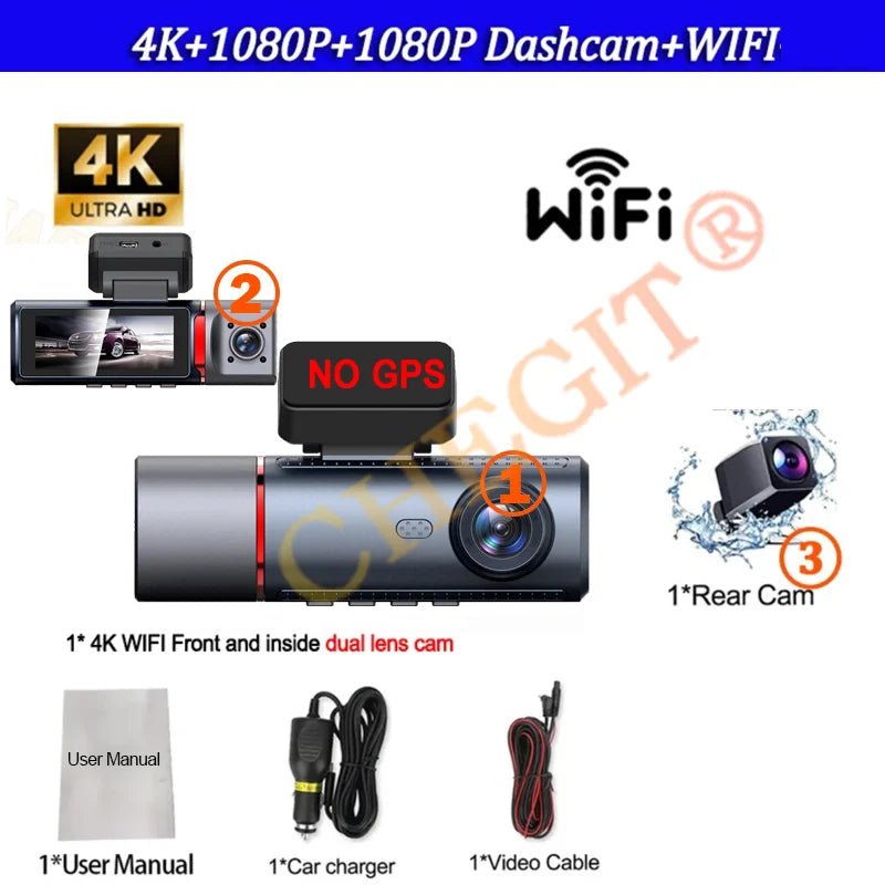 4K WIFI GPS Car Dash Cam Video Recorder 1080P 3 Lens Car DVR 24H Parking Monitor Rear View Cameras Black Box Car Accessories