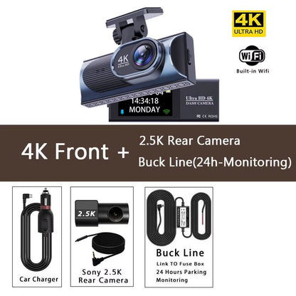UHD 4K+2.5K Car DVR Front and Back Dash Cam Camera 5G WIFI GPS Dashcam Mini Black Box with 24H Parking Monitor Night Vision