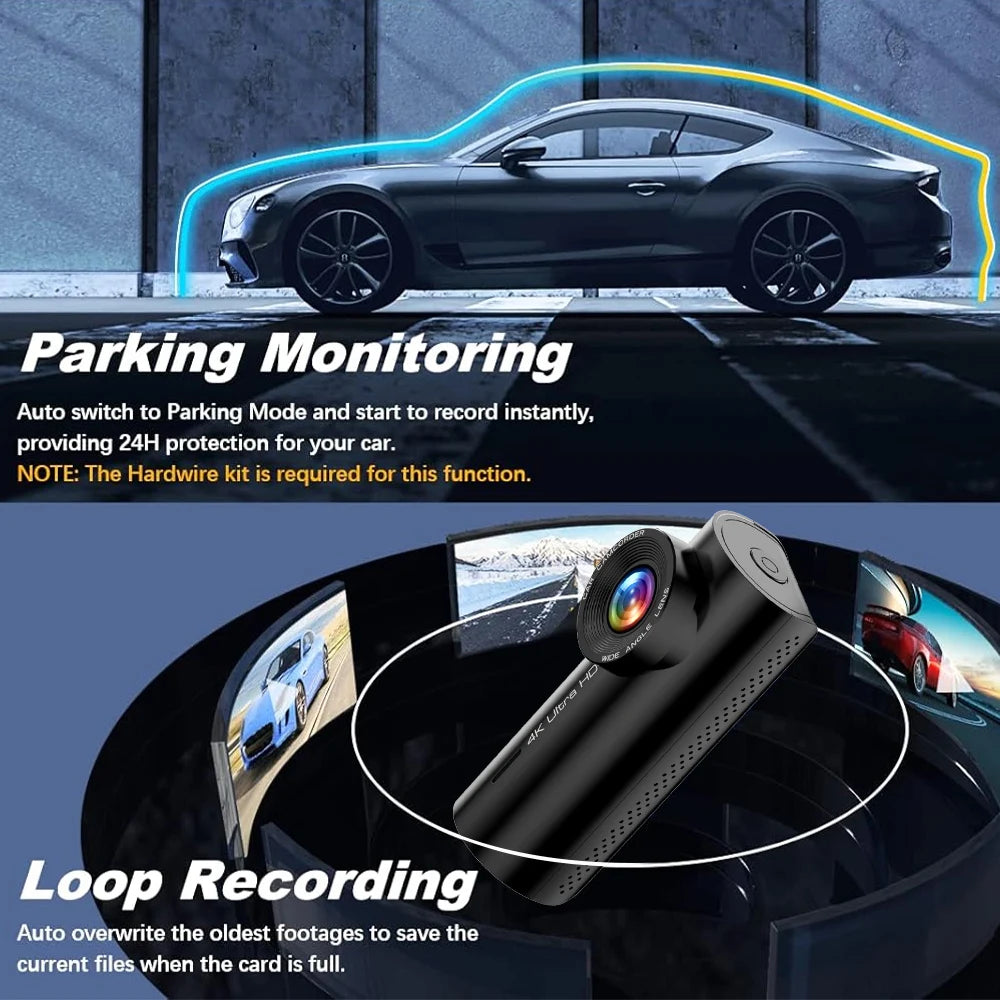 4K+1080P Dash Cam with Wifi, 170° Wide Angle, Night Vision, Loop Recording, Parking Monitor, Vehicle Camera with App Control
