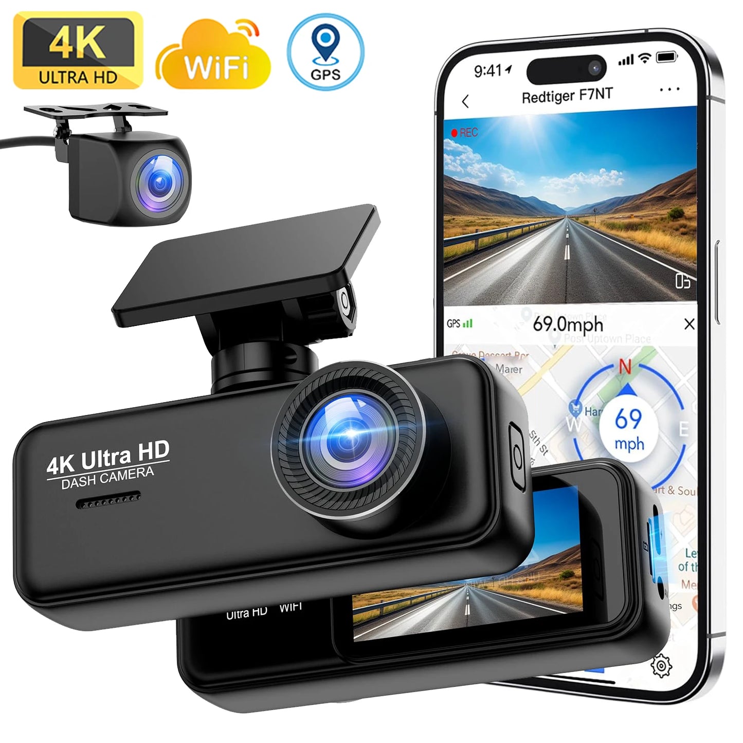 4K Dash Cam WIFI GPS Mini CAR DVR Front and Rear Dual Lens Video Recorder Black Box Night Vision 24H Parking Monitor