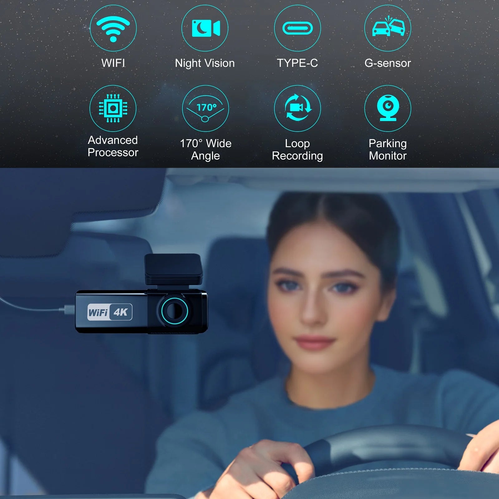 4K WIFI Dash Cam 2160P Car DVR Front and Rear Dual Lens Auto Car Camera with Night Vision G-Sensor 24H Parking Monitor