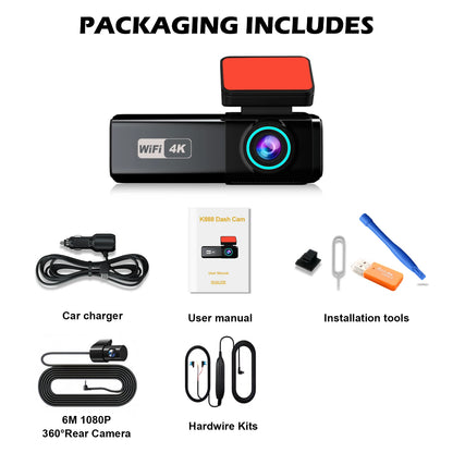 4K WIFI Dash Cam 2160P Car DVR Front and Rear Dual Lens Auto Car Camera with Night Vision G-Sensor 24H Parking Monitor