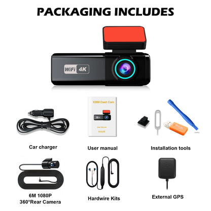 4K WIFI Dash Cam 2160P Car DVR Front and Rear Dual Lens Auto Car Camera with Night Vision G-Sensor 24H Parking Monitor