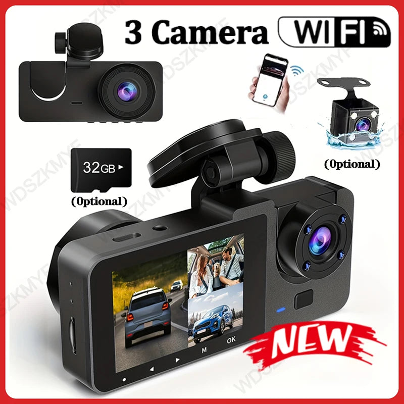 Triple Lens Wifi Dashcam 2/3 Channel Car Camera 1080P HD Video Recorder, Night Vision Car DVR with Wide Angle for Front and Rea