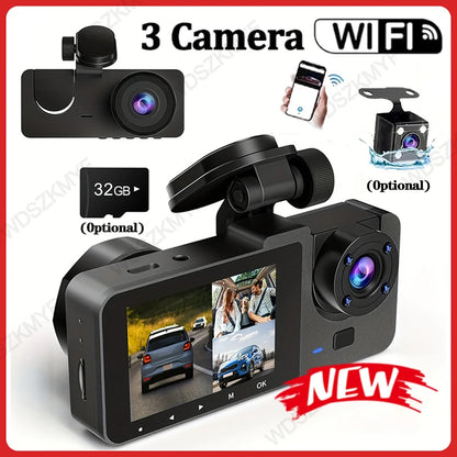 Triple Lens Wifi Dashcam 2/3 Channel Car Camera 1080P HD Video Recorder, Night Vision Car DVR with Wide Angle for Front and Rea
