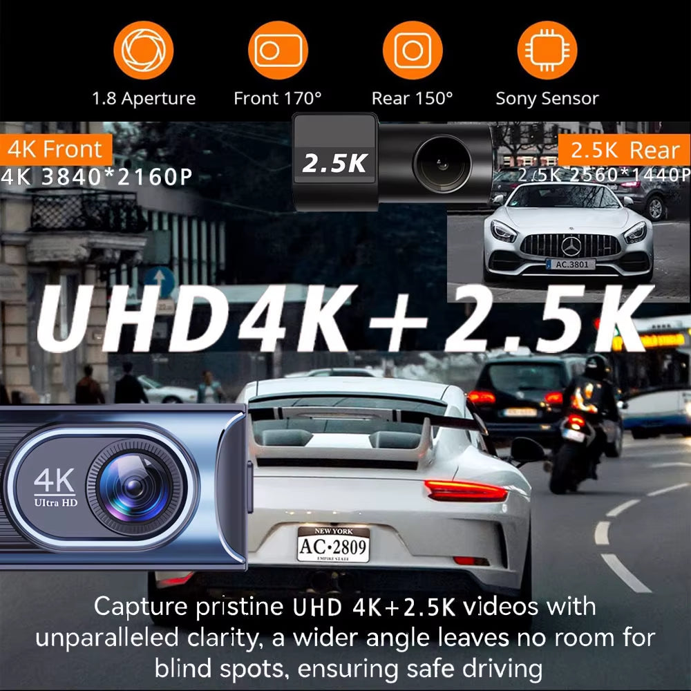 UHD 4K+2.5K Car DVR Front and Back Dash Cam Camera 5G WIFI GPS Dashcam Mini Black Box with 24H Parking Monitor Night Vision