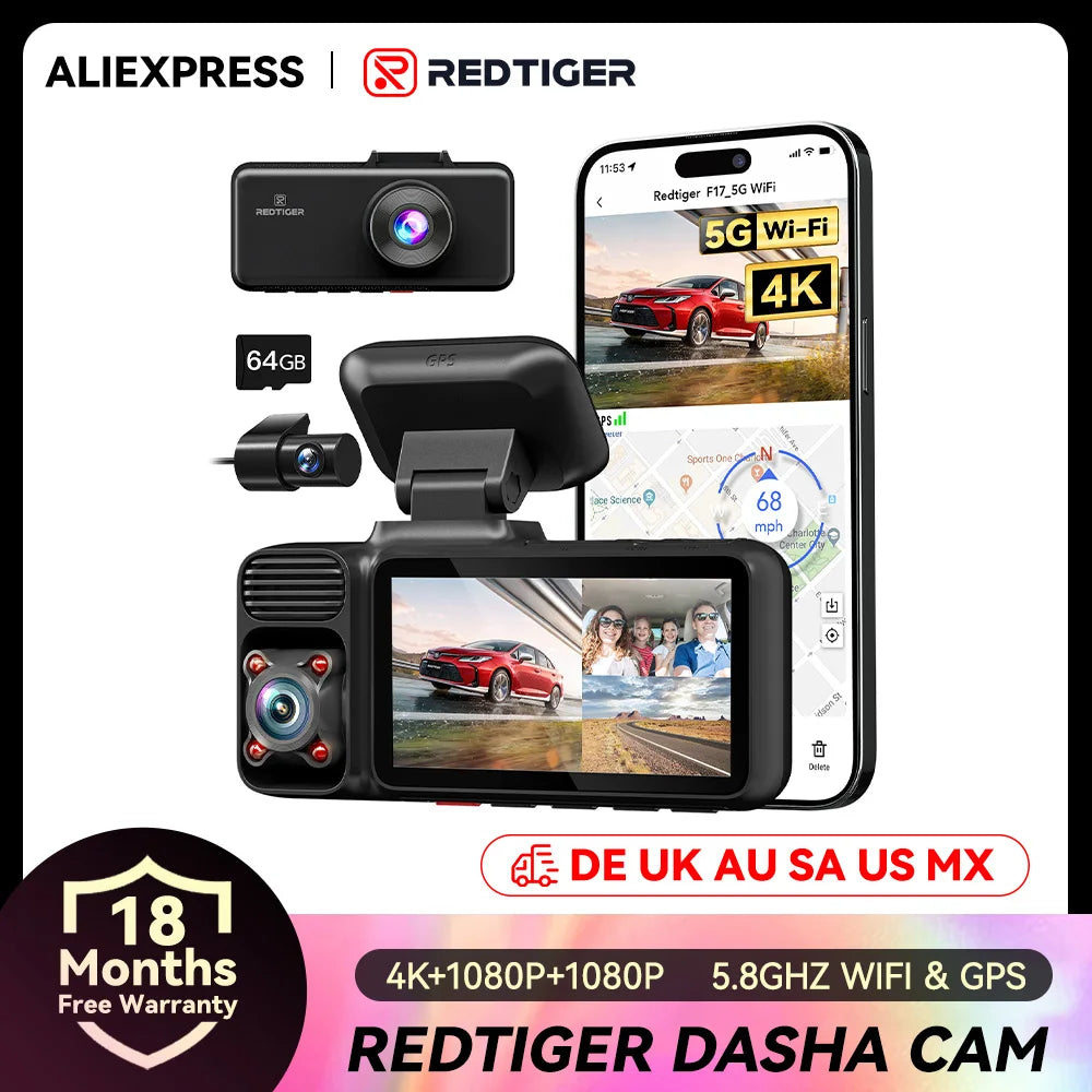 F17 4K 3 Car Cameras 5.8Ghz Wifi Dash Camera for IR Night Vision Car Dvr for Wifi Dash Cameras Built-In Gps WDR