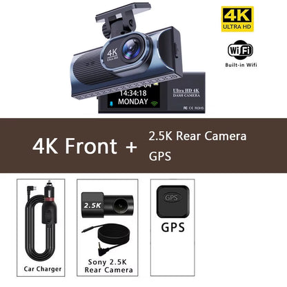 UHD 4K+2.5K Car DVR Front and Back Dash Cam Camera 5G WIFI GPS Dashcam Mini Black Box with 24H Parking Monitor Night Vision