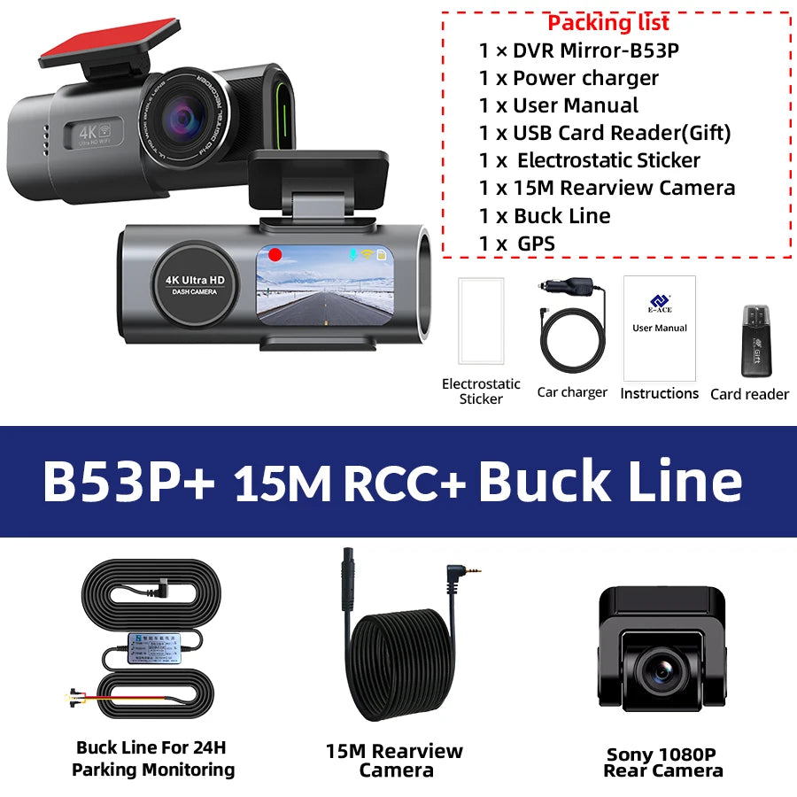 Dash Cam 4K GPS WIFI APP 24H Night Vision Mini Optional Rear Lens Dashcam Car DVR Video Recorder Camera for Car Black Box