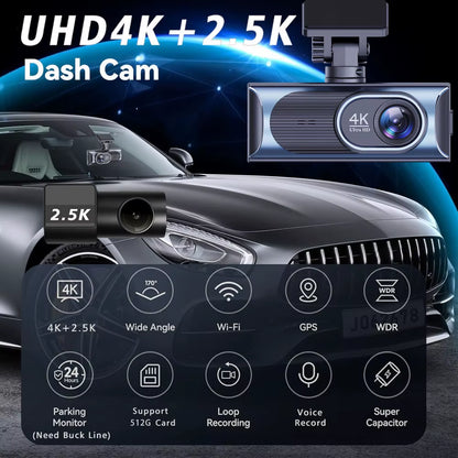 UHD 4K+2.5K Car DVR Front and Back Dash Cam Camera 5G WIFI GPS Dashcam Mini Black Box with 24H Parking Monitor Night Vision