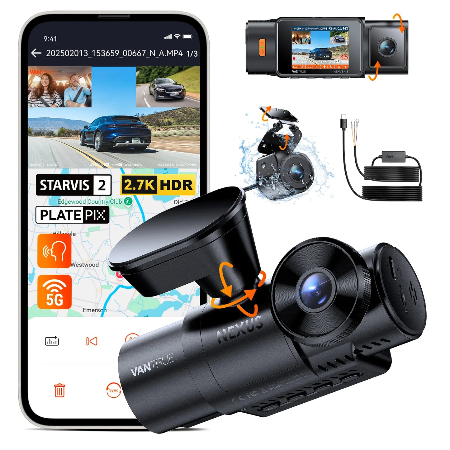 N4S 3 Channel Wifi Dashcam STARVIS 2 Platepix™ 2.7K IP67 Waterproof Rear Camera HDR IR Night Vision GPS Packing Mode