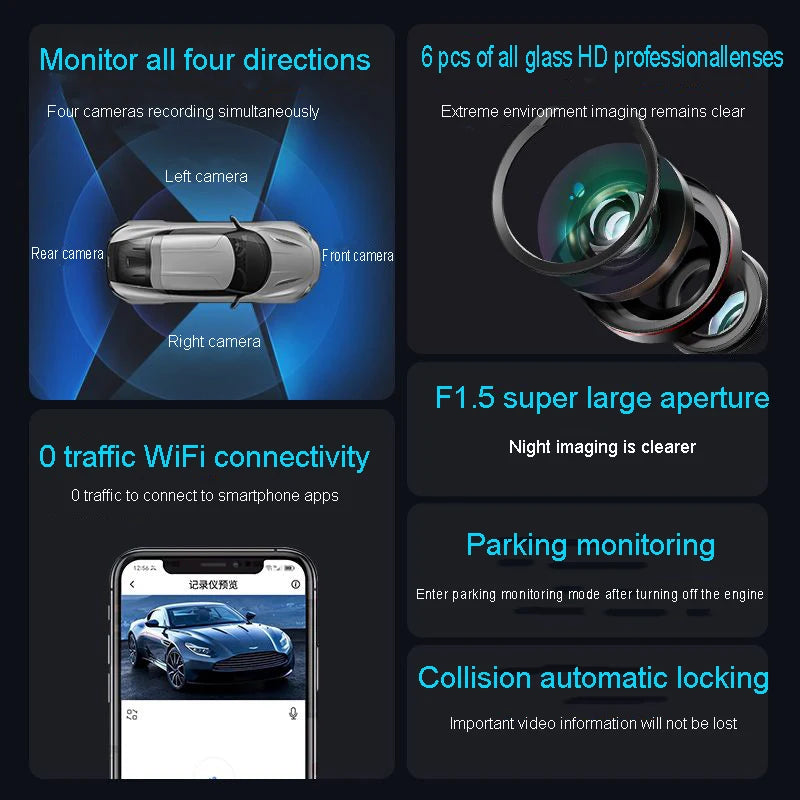4 Channel Hidden Dash Cam with APP 4K HD Night Vision 24/7 Parking Monitor G-Sensor Loop Recording Motion Detection WDR Blackbox