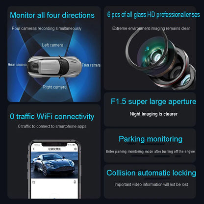 4 Channel Hidden Dash Cam with APP 4K HD Night Vision 24/7 Parking Monitor G-Sensor Loop Recording Motion Detection WDR Blackbox